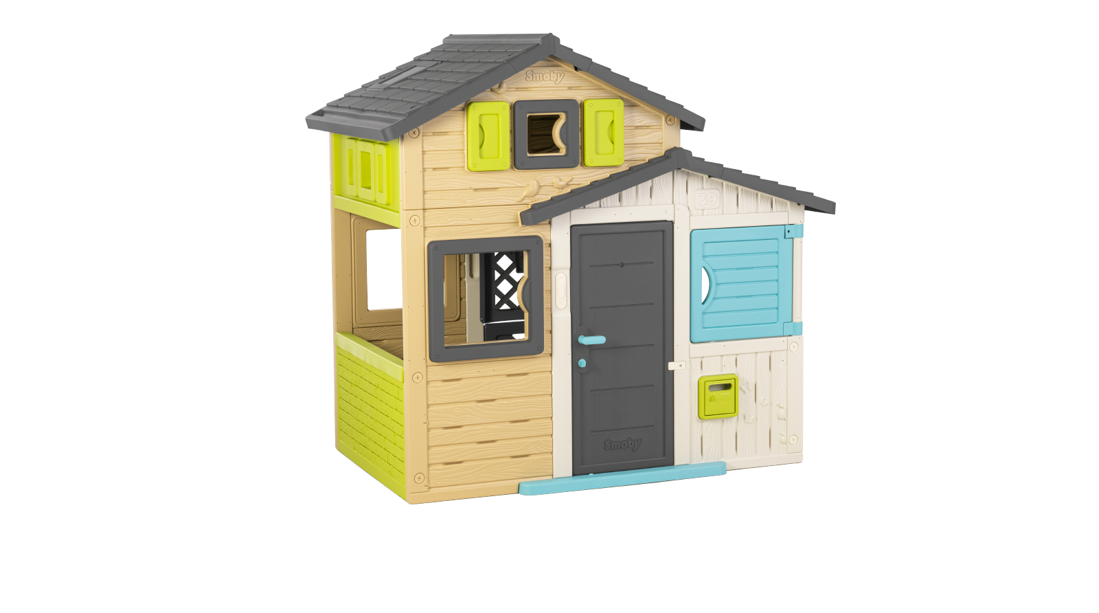 Hišica Prijateljev v elegantnih barvah Friends House Evo Playhouse Smoby z možnostjo nadgradnje 2 vrat s ključem 6 oken z UV filtrom 162 cm višina