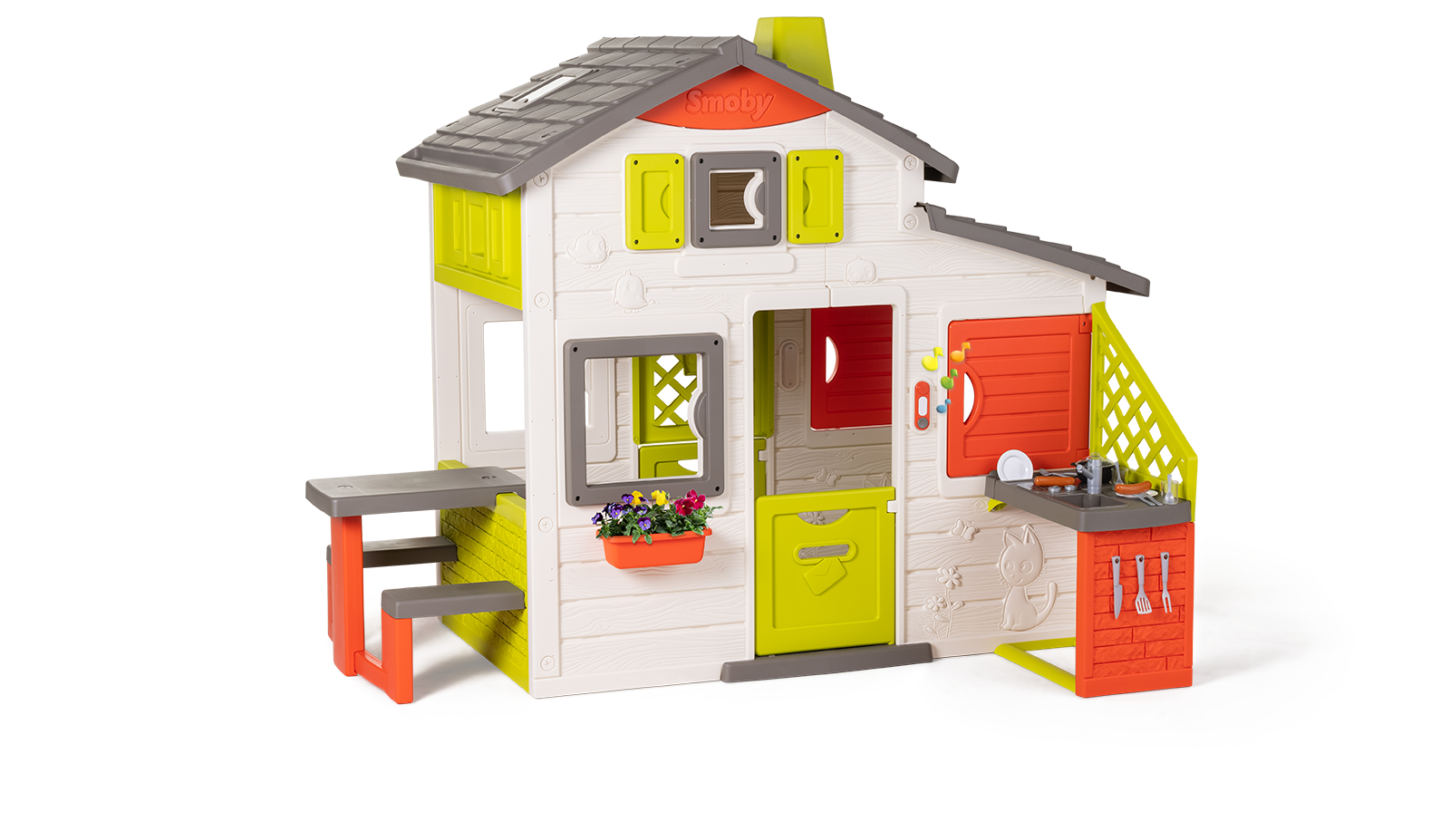 Hišica Prijateljev s kuhinjo prostorna Neo Friends House Smoby z razširitvami 2 vrata 6 oken in piknik mizica 172 cm višina z UV filtrom